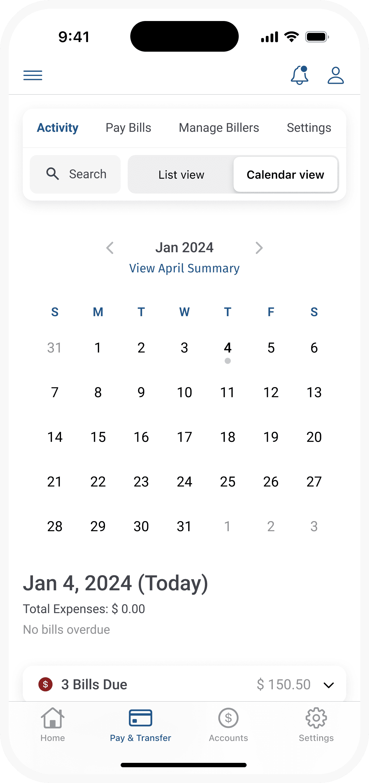 Calendar view to prevent missed payments